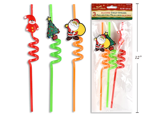 Santa's Studio Crazy Straws with Christmas Decor on Each One. 3 Pack (1) Santa Claus, (1) Snowman, and (1) Christmas Tree 10.75