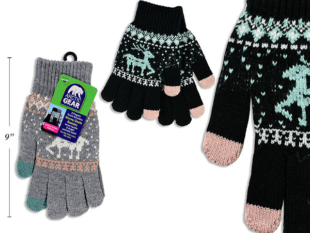 Carton of 24 8.25in Ladies Insulated 2-Fingers Reindeer Knit Touch Screen Gloves. 2Cols. One Size. J-hook w/Cht