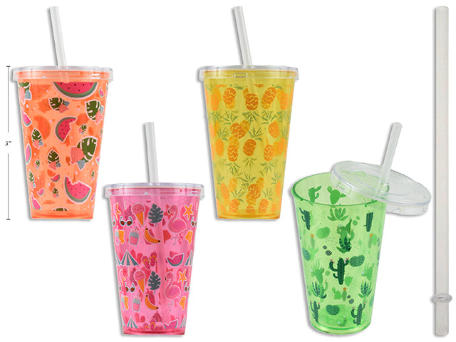 Carton of 24 Summer Printed Tumbler With Straw And Lid