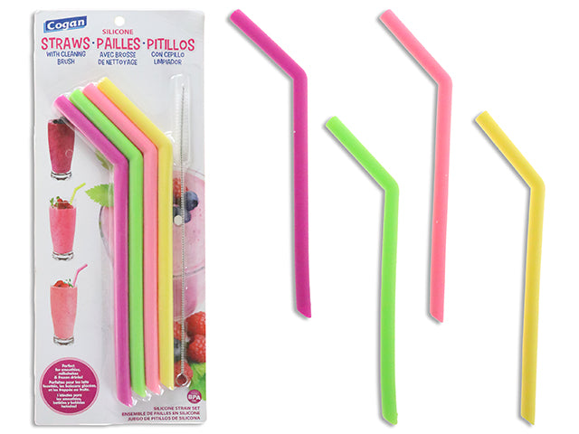 Carton of 24 Set/5 9.84In (H) X 12Mm (D) Neon Silicone Frozen/ Smoothie Drink Straw W/Brush. Incl.:4-Starws. B/C.