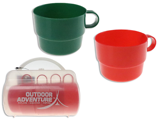 Carton of 24 4Pk 250Ml (8Oz) 3.15In Plastic Camping Cups W/ Handle. Carrying Case W/ Handle. 2 Asst. Col. Cht.