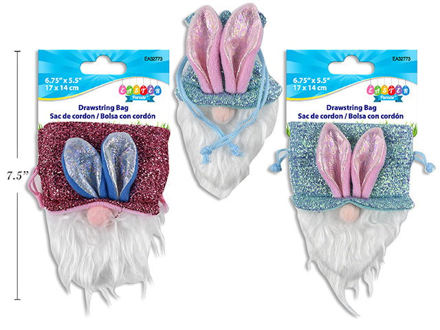 Carton of 24 Easter Iridescent Bunny Ears Gnome Drawstring Bag