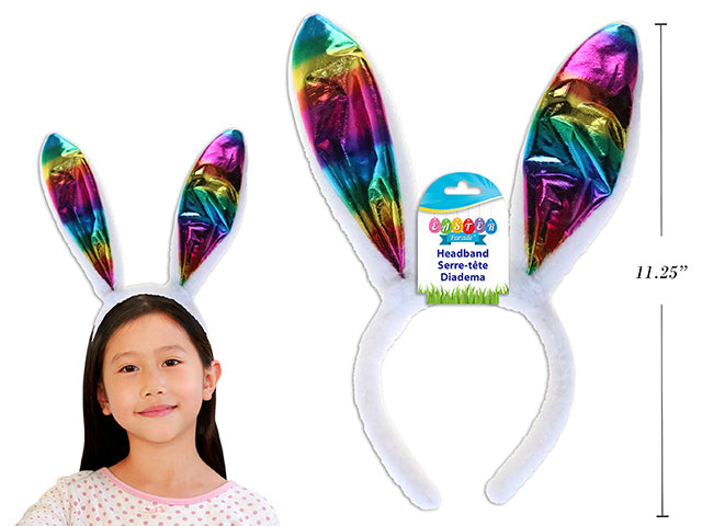 Carton of 24 11.25In Easter Metallic Rainbow Bunny Ear Headband. Wrap Header.