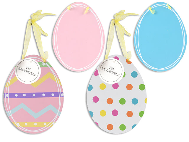 Carton of 24 6.25In X 4.75In Reversible Easter Egg Mdf Hanging Decor. 2 Asst. Organza Ribbon Hanger. Cht.