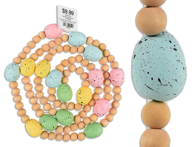 Carton of 12 72In Easter Wooden Beads W/Foam Speckled Eggs Garland. Incl:90Pcs Beads+16Pcs Eggs. Wrap Header.