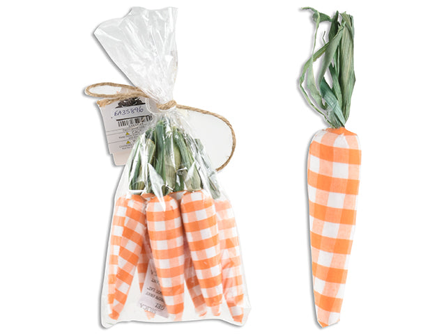 Carton of 24 4Pk 6In Easter Plaid Fabric Wrapped Carrots W/ Straw Leaves. Pbh.