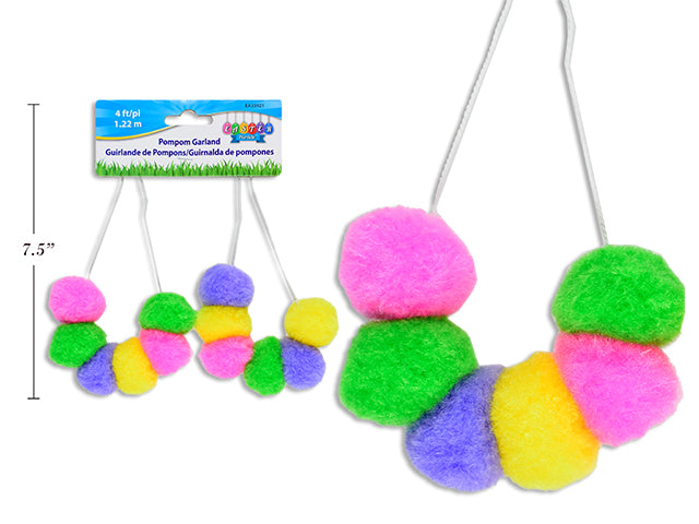 Carton of 12 4Ft Easter Pom Pom Garland. Incl: 12Pcs 30Mm Pom Poms. H/C.