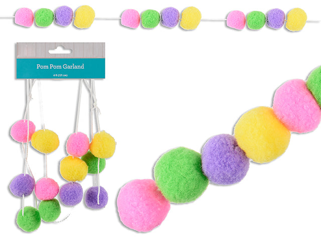 Carton of 12 4Ft Easter Pom Pom Garland. Incl: 12Pcs 30Mm Pom Poms. H/C.