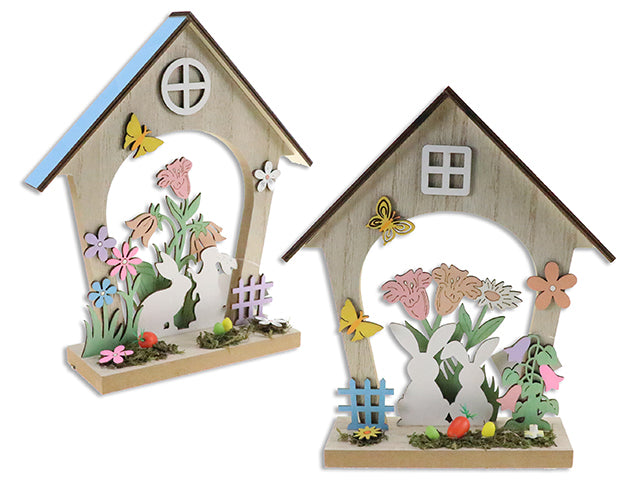 Carton of 12 9.5In(H) Easter Layered Bunny House Tabletop Decoration. 2 Asst.Styles. Cht.