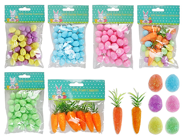 Carton of 24 Easter Glitter Foam Eggs / Carrots Assortment. 6 Asst.Styles. Pbh.