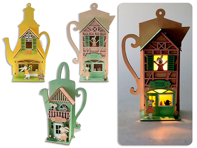 Carton of 12 11.25In B/O 2-Led Bunny Scene 3-D Tea Pot Tabletop Decor. 3 Asst.Styles. Brown Box W/Col.Label.