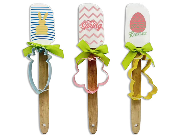 Carton of 24 10In Easter Wooden Handle Silicone Spatula W/ Metal Cookie Cutter. 3 Asst. Cht.