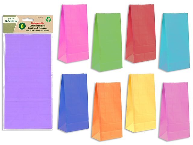 Carton of 36 8Pk 9.45In(H) X 4.5In(W) Coloured White Kraft Lunch/ Treat Bags. 8 Asst.Cols. Pbh.