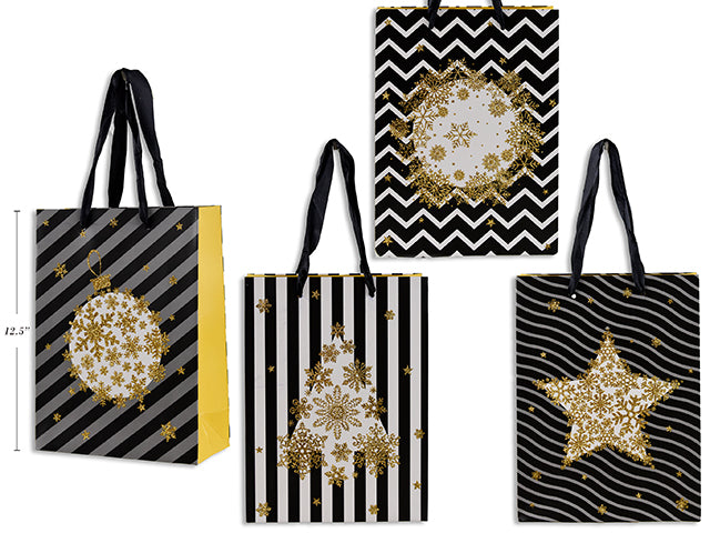 Carton of 12 Large bag gold and black ,christmas with glitter 4 asst