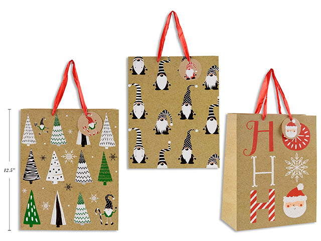 Carton of 12 Large hot stamp kraft christmas pattern bag 3 ass. 210gsm 26*32*12cm