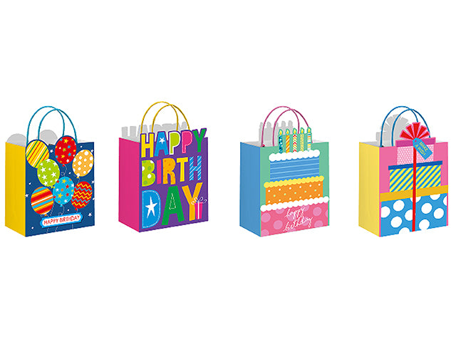 Carton of 12 Happy Birthday Gift Bags M 23X23X15Cm 4 Asst 150 Gsm + 300 Gm Glitter Card