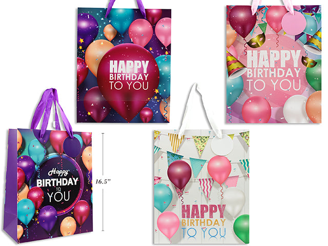 Carton of 12 Happy Birthday Gift Bags L 32X42X11.5Cm 4 Asst 210 Gsm