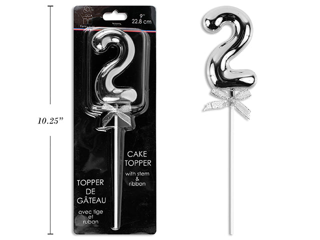 Carton of 12 9" Silver Cake Topper With Stem & Ribbon