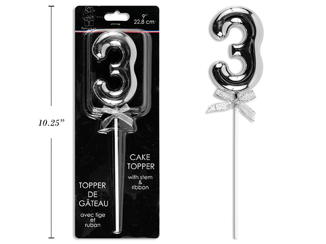 Carton of 12 9" Silver Cake Topper With Stem & Ribbon