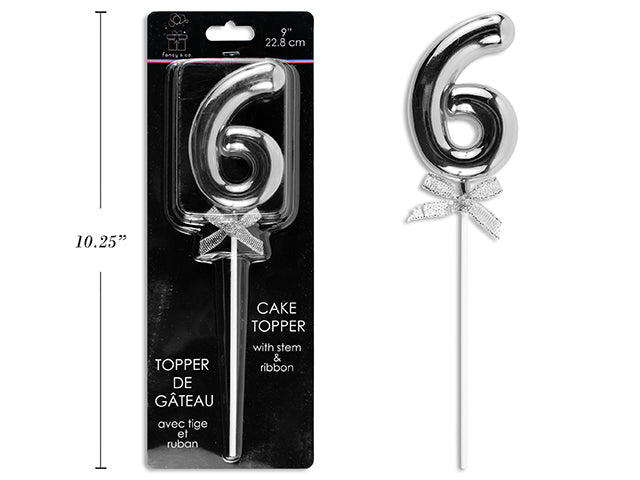 Carton of 12 9" Silver Cake Topper With Stem & Ribbon