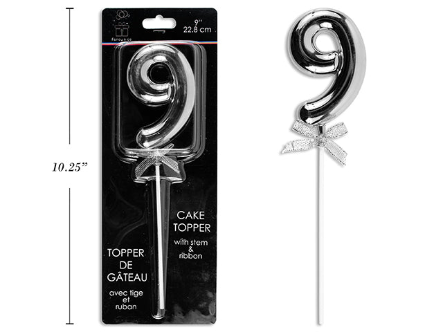 Carton of 12 9" Silver Cake Topper With Stem & Ribbon