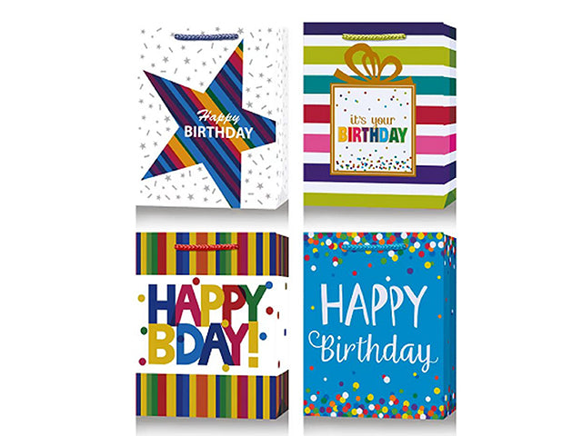 Carton of 12 Happy Birthday Gift Bag M 18X23X8Cm Asst 210 Gsm