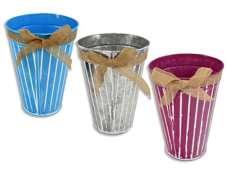 Carton of 12 Hand Painted Ribbed Metal Planter With Ribbon Small