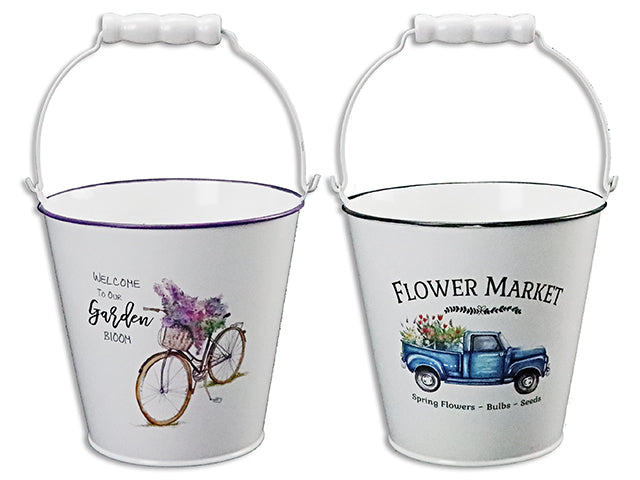 Carton of 12 White Flower Market Metal Pail