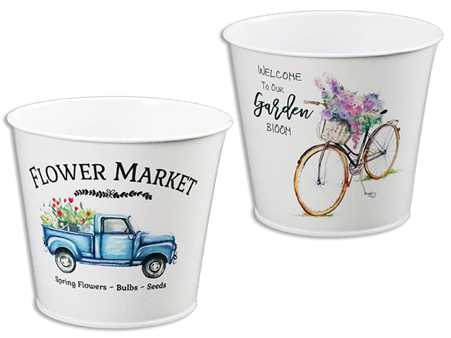 Carton of 12 White Flower Market Round Metal Bucket