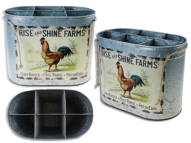 Carton of 6 Antique Rooster Galvanized Oblong Metal Caddy