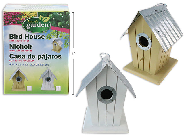 Carton of 12 Wooden Bird House With Metal Roof Top