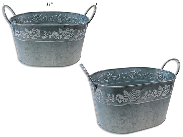 Carton of 12 13.25In (L) Matte Galvanized Flower Debossed Metal Oblong Planter W/Handles. 7.25In (W) X 5-7/8In(H)