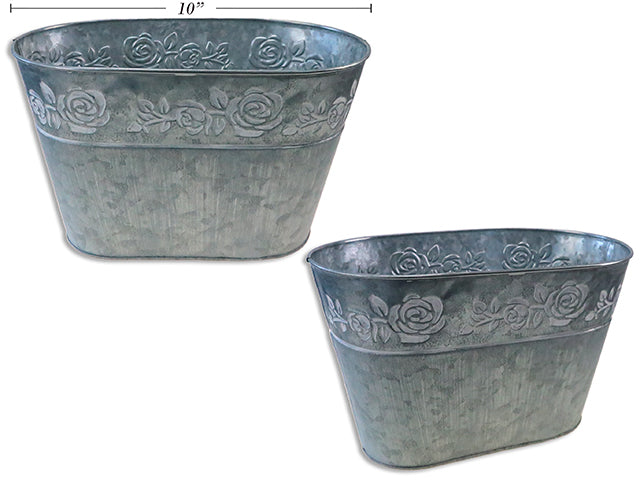 Carton of 12 10In(L) Matte Galvanized Flower Debossed Rim Metal Oblong Planter.