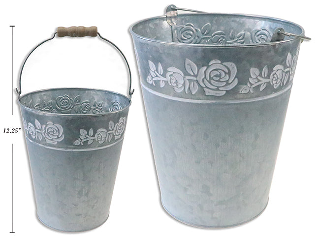 Carton of 12 12.25In(H) Matte Galvanized Flower Embossed Rim Metal Pail W/Wooden Metal Handle.