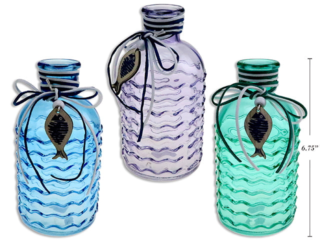 Carton of 12 Wavy Glass Decorative Bottle With Die Cut Fish Toggle And Suede Wrapped Neck