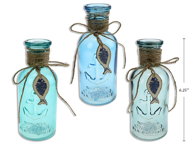 Carton of 24 Nautical Anchor Embossed Glass Decorative Bottle With Die Cut Fish Toggle And Jute Wrapping