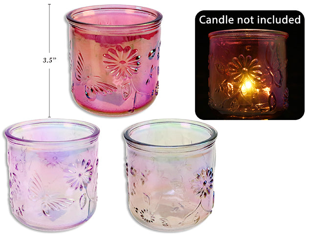 Carton of 24 3.5In Iridescent Embossed Floral / Butterfly Glass Candle Holder. 3 Asst.Colours.