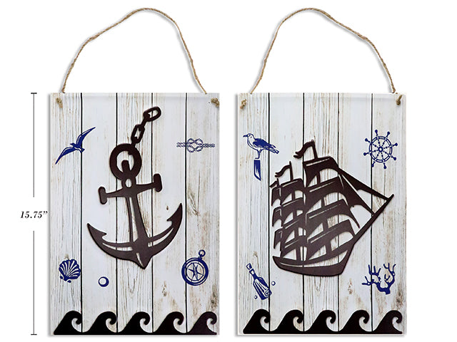 Carton of 12 Nautical Embossed Metal Sign With Jute Hanger