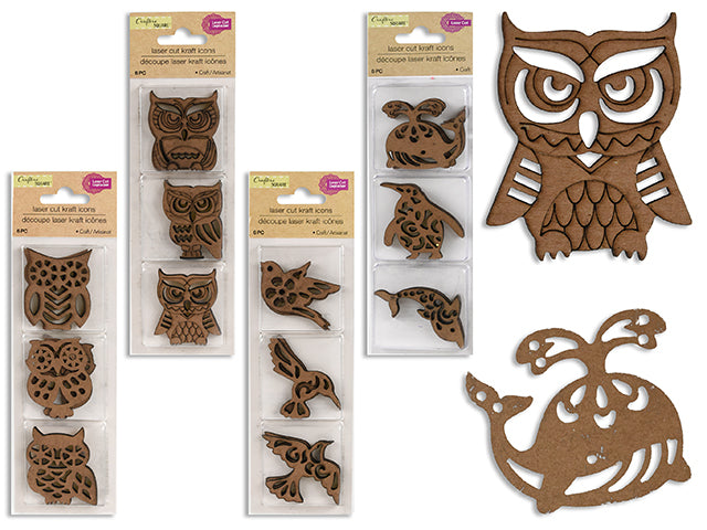 Carton of 24 6Pk Laser Cut Wooden Craft Character Assortments. 2 Asst. Styles. B/C.