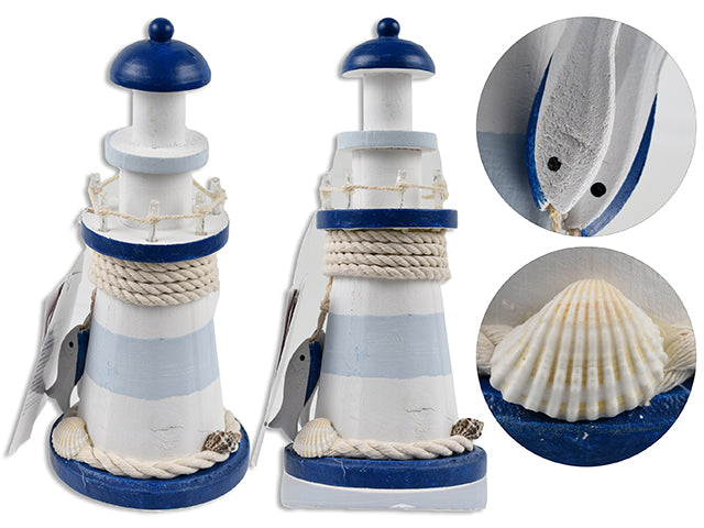 Carton of 12 9In(H) X 4N(Bd) B/O 7-Led Wooden Lighthouse Tabletop Decor W/Sea Shells+2 Fish Resin Toggles.