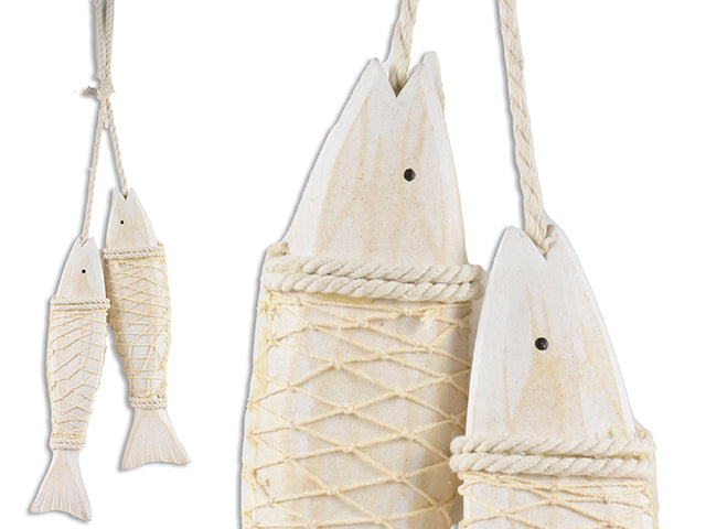 Carton of 12 Set/2 12.5In X 3In Hanging 3-D Wooden Fish Wrapped In Fish Net . Cht.