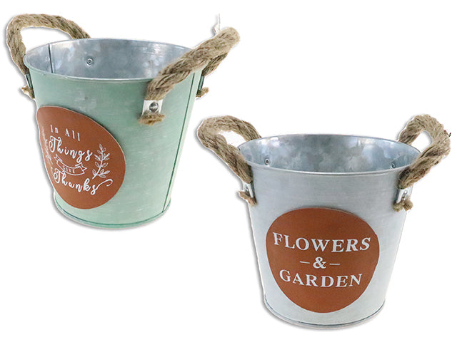 Carton of 24 5-3/8In(Td) X 4-7/8In(H) Galvanized Round Metal Planter W/Jute Handles. 2 Asst. Styles.