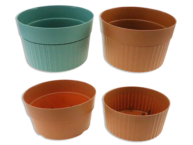 Carton of 24 5-3/8In(D) X 3.75In(H) Round Self Watering Plastic Planter. 2 Asst.Colours. Col.Label.