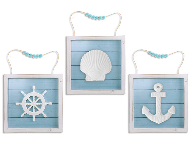 Carton of 12 9.84In Nautical Sky Blue Framed 3-D Resin Wooden Wall Plaque W/Beaded Jute Hanger. 3Asst. Cht.