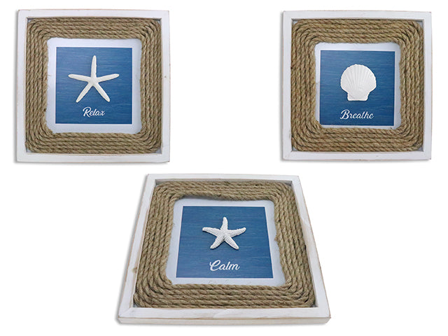 Carton of 12 11.81In Nautical 3-D Resin W/ Burlap Framed Wooden Wall Plaque. 3 Asst. Styles. Cht.