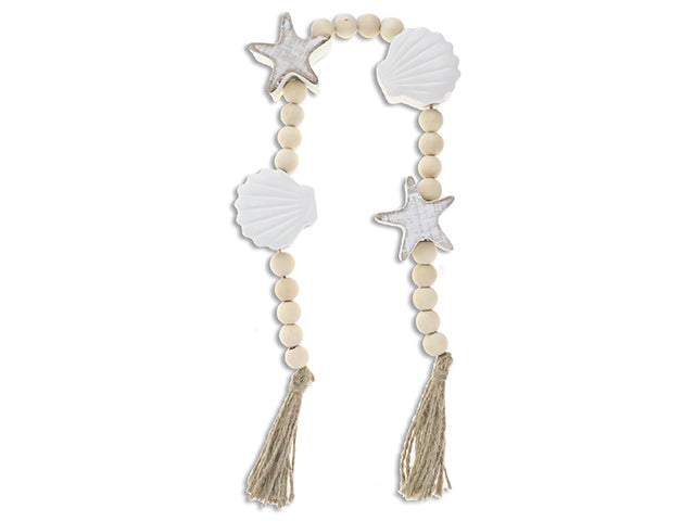 Carton of 12 25In Wooden Beads Décor Garland W/Cotton Tassels. Incl: 2X Sea Shell+2X Star Fish+22X Beads. Cht.