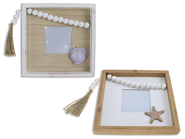 Carton of 12 7.87In Framed Wooden Photo Frame Mdf 3-D Decor W/ Beads + Tassel. 2 Asst. Fits 4In X 4In Photo. Cht.