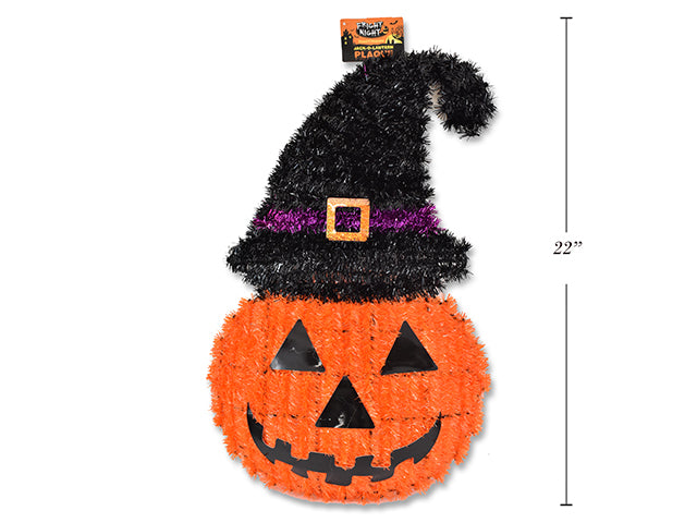 Carton of 12 Halloween Tinsel Hanging Jack O Lantern Plaque With Witch Hat