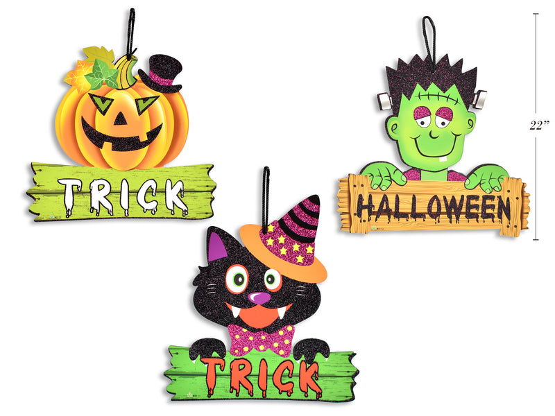 Carton of 24 Assorted Style Halloween Hanging Glitter Foam Plaque