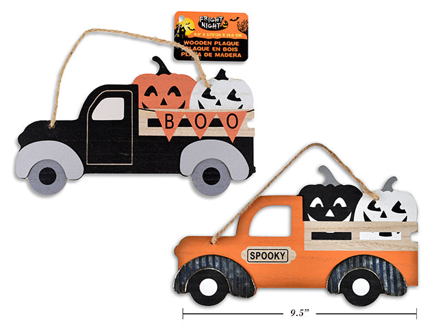 Carton of 24 Halloween Wooden Pumpkin Truck Hanging Plaque